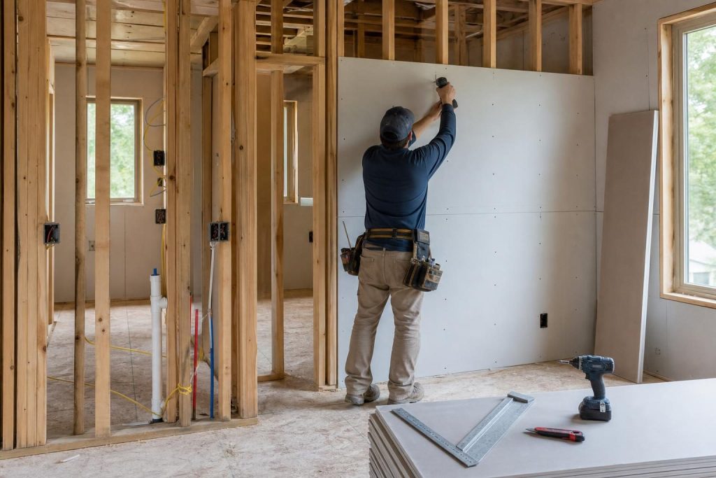 Wooden framing studs and drywall sheets during installation in a home renovation project in Bento